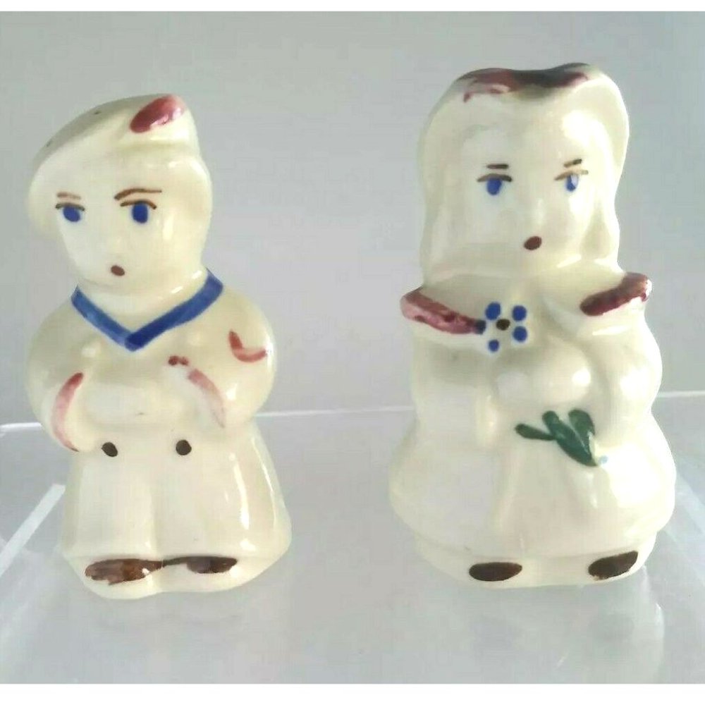 VINTAGE Shawnee Sailor Boy & Bo Peep Girl Salt & Pepper Shakers 3.25" hand paint